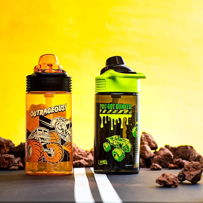 Zak Designs Hot Wheels Sage Kids Water Bottle For School or Travel, 16oz Durable Plastic Water Bottle With Straw, Handle, and Leak-Proof, Pop-Up Spout Cover, 2-Pack Set (Monster Trucks)