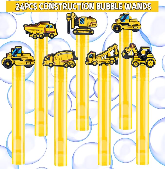 24Pcs Construction Bubble Wands for Kids Construction Party Supplies Favors Decorations, Pinata Goodie Bag Stuffers & Classroom Prizes