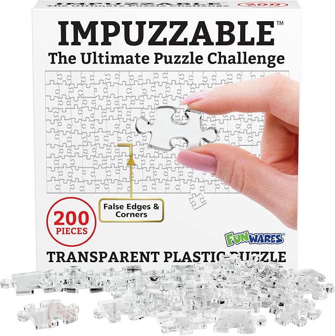 Funwares 200-piece ImPuzzable Clear Puzzle – Insanely Hard Brain Teaser for Adults – Acrylic Jigsaw with False Edges and Fale Corners – Funny White Elephant Gift