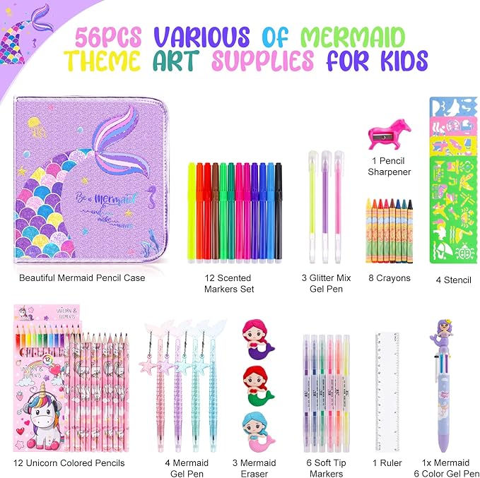 MAIGOZON Mermaid Gifts for Girls - 56 PCS Scented Markers Art Supplies Set for Kids Ages 4-8, Coloring Drawing Kit with Glitter Mermaid Case & Quick-Dry Gel Pens, Birthday Christmas Gift