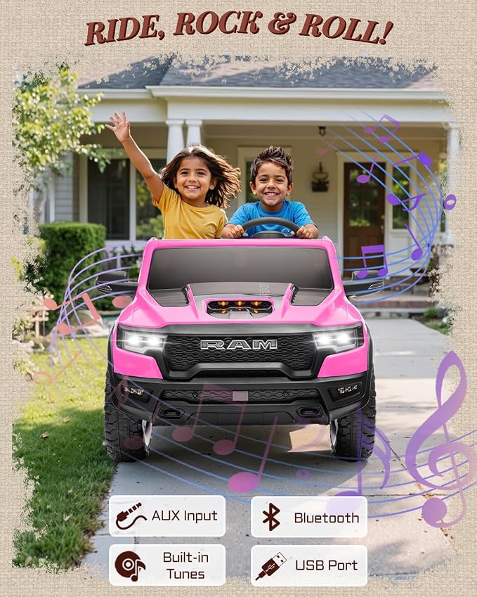 First Ride On 24V Ride On Toys for Big Kids, RAM 1500 RHO 2 Seater Ride on Car w/Remote, Battery Powered Truck w/ 4 Wheels Suspension, Toddler Car w/Bluetooth, LED Lights, Trunk