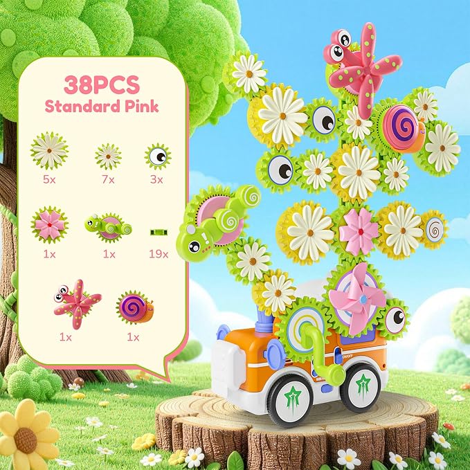 Gears Building Toys for Kids Ages 3+, STEM Construction Set for Toddlers, Train and Flower Models with Electric & Manual Modes, Lights and Music, DIY Educational Learning Toys Gift for Boys and Girls