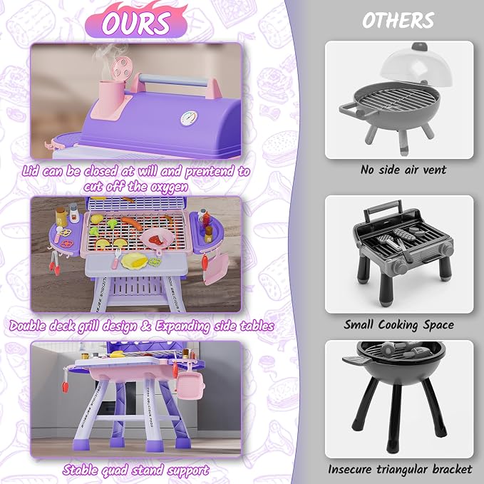 Kids BBQ Grill Playset with Sound Light&Realistic Smoke, Toddler Kitchen Barbecue Toy Game, Outdoor Backyard Pretend Play Grill for Girls Boys, Play Food Cooking Set, Christmas Birthday Gift for 3-5