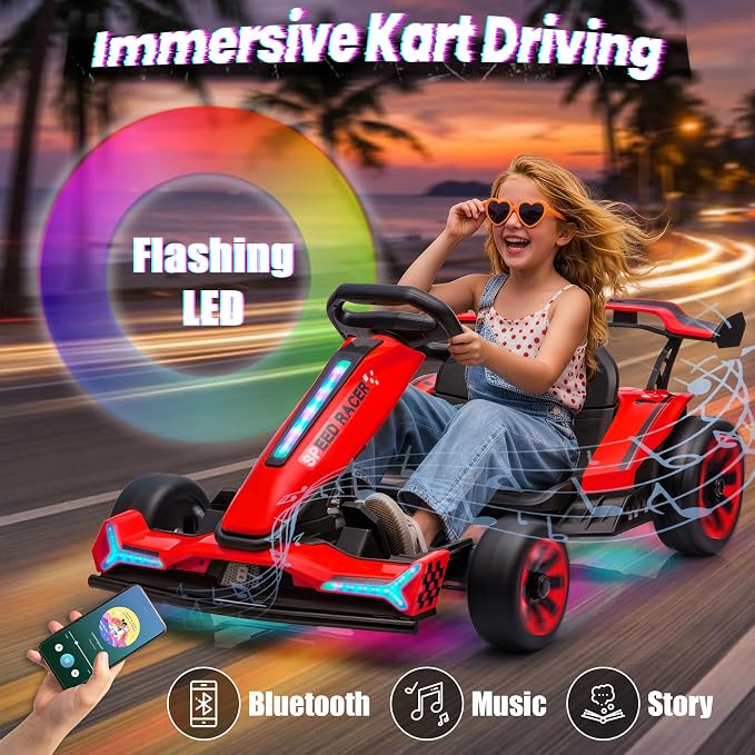 24V Electric Go Kart, Kids Drift Kart with Dual 400W Motors, Length Adjustable Seat, 8.2 MPH Max, 130LBS Max Load, Outdoor Ride on Toy Crazy Kart w/Bluetooth Music, Rainbow Light