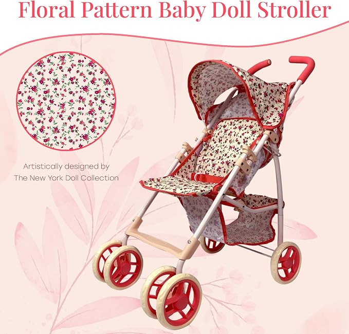 Baby Doll Stroller for Toddler Girls & Big Kids up to 8 Years Old | 28” Baby Stroller for Dolls, Toy Baby Stroller with Cute Coral Floral Print, Mesh Storage Basket, Canopy, Handle Grips, Rubber Tires