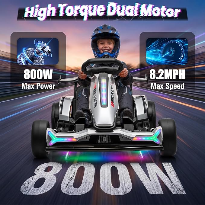 24V Electric Go Kart, Kids Drift Kart with Dual 400W Motors, Length Adjustable Seat, 8.2 MPH Max, 130LBS Max Load, Outdoor Ride on Toy Crazy Kart w/Bluetooth Music, Rainbow Light