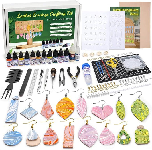 Tikjiua Leather Crafting Kit, Leather Making Kit for Earrings, Leatherworking Tooling Kit with Working Tools and Supplies, Step-by-Step Video Tutorial, Earrings Craft Kits for Adults