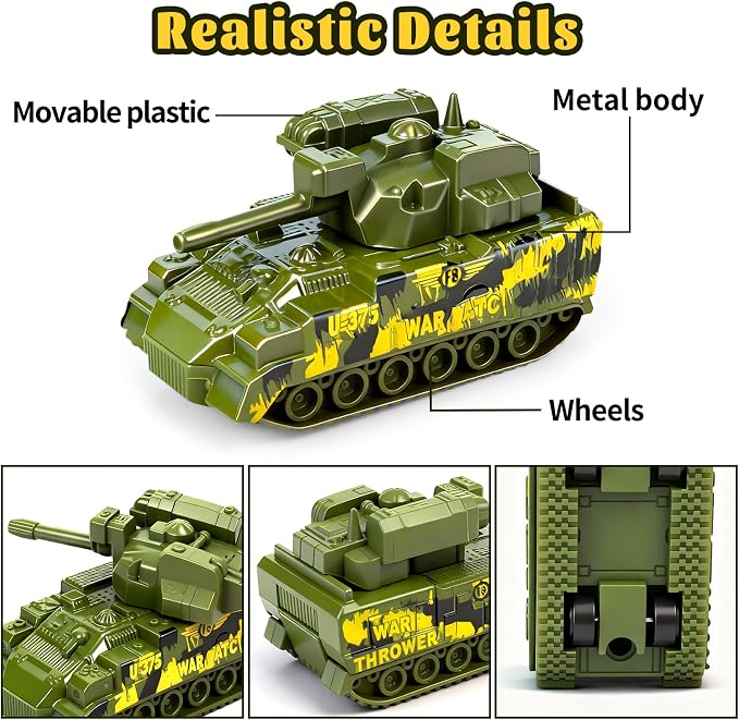 6 Pack Diecast Military Vehicles Truck Set, 1:64 Scale Army Vehicles Kids Toy Cars with Trucks, Tank, Panzer, Anti-Air Vehicle, Helicopter, Mini Toy Car for Kids 3 4 5 6 Years