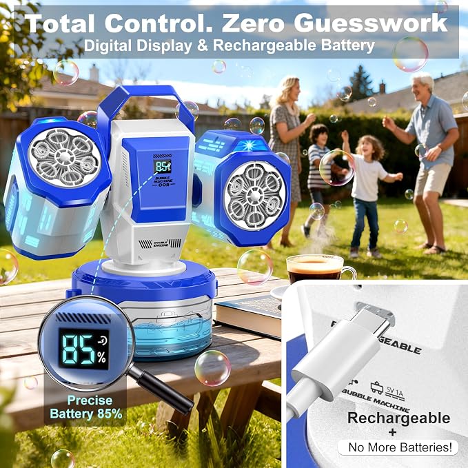 Rechargeable Bubble Machine with Remote Control: 30,000 Bubbles/Min, Type-C, Auto 360° Rotation Bubble Blower with RGB Lights - Creates Magic for Kids Parties, Birthday, Weddings, Outdoor Events