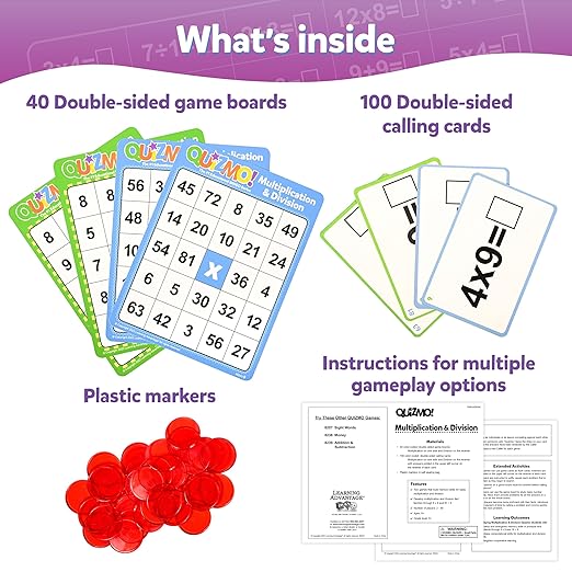 QUIZMO Multiplication & Division | Bingo Style Math Game | 2 Game Modes for Ages 8+ | Teach Basic Mathematics