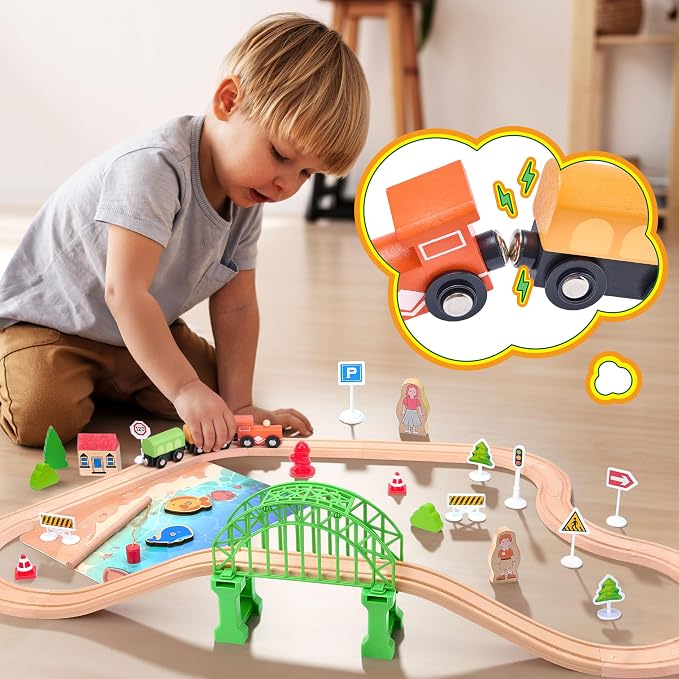 Wooden Train Set 61-Piece for Toddlers Kids Ages 3-8, Double-Sided Expandable Train Track with Puzzles & Magnetic Fishing Toys Compatible with Major Brands, STEM Railway Playset Gifts for Boys Girls