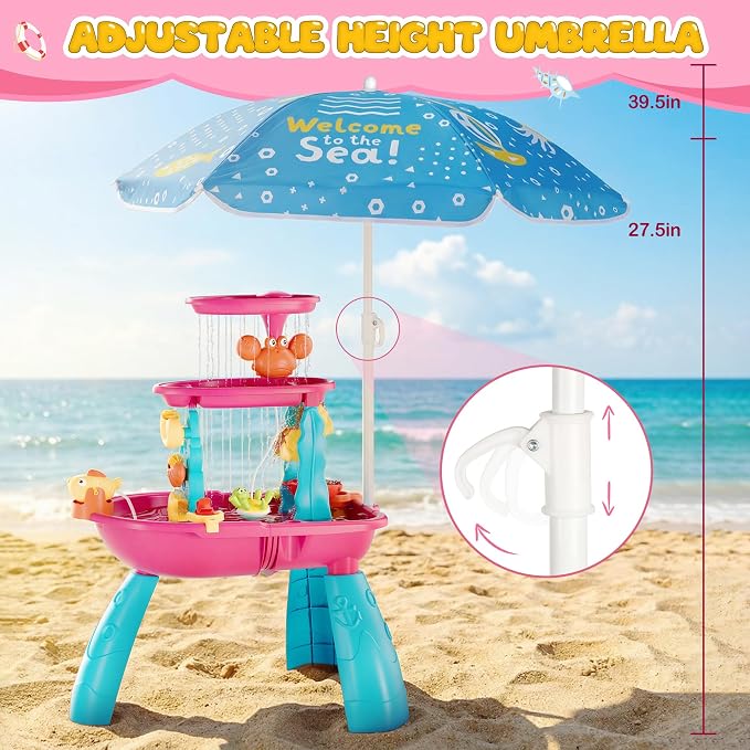 Kids Sand Water Table for Toddlers with Umbrella/Water Pumb, 3-Tier Outdoor Water Sand Play Table Beach Toys, Summer Splash Activity Sensory Table Party Birthday Gift for Kids 3 4 5 6 7 8(Red)