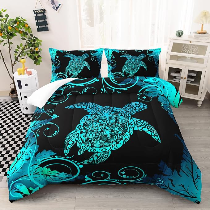 AILONEN Sea Turtle Comforter Set King Size, Black Blue Turtle Bedding with 2 Pillowcases, 3 Piece Soft Microfiber All Season, Ocean Beach Room Decor