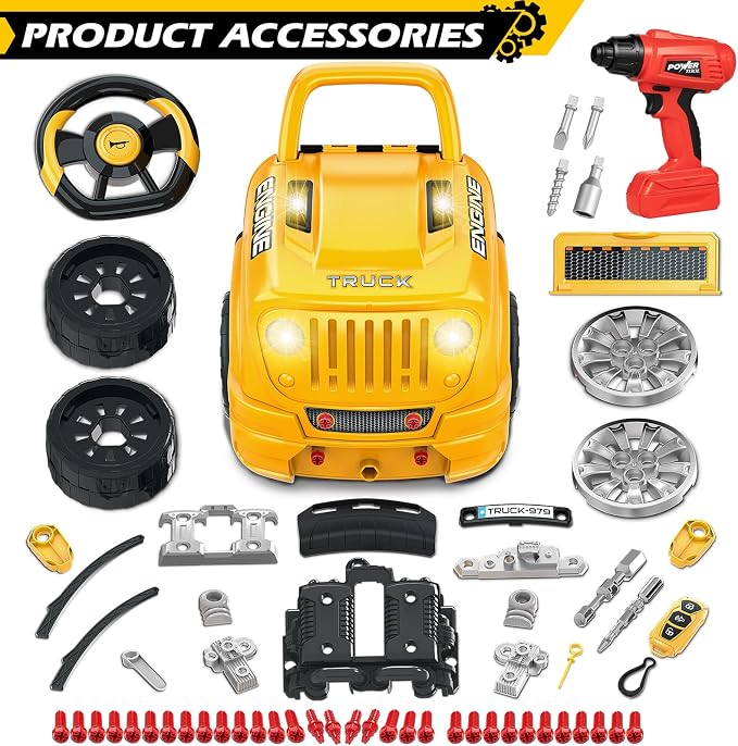 Jumlys Toys for 3, 4, 5, 6, 7, 8 Years Old Boys, Large Truck Engine Toys for Kids 3-5, 5-8 Years Old, Mechanic Repair Set with Electric Drill, Big Truck Builder Kit, Ideal Christmas, Birthday Gifts