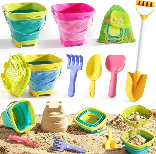 Beach Toys Set, 3 Collapsible Buckets, Detachable Large Pointed Sand Shovel, Flat Shovel, Rake, Scoop, Mesh Bag, Toddler Sandcastle Kit, Travel, Beach Party, Outdoor Summer Fun