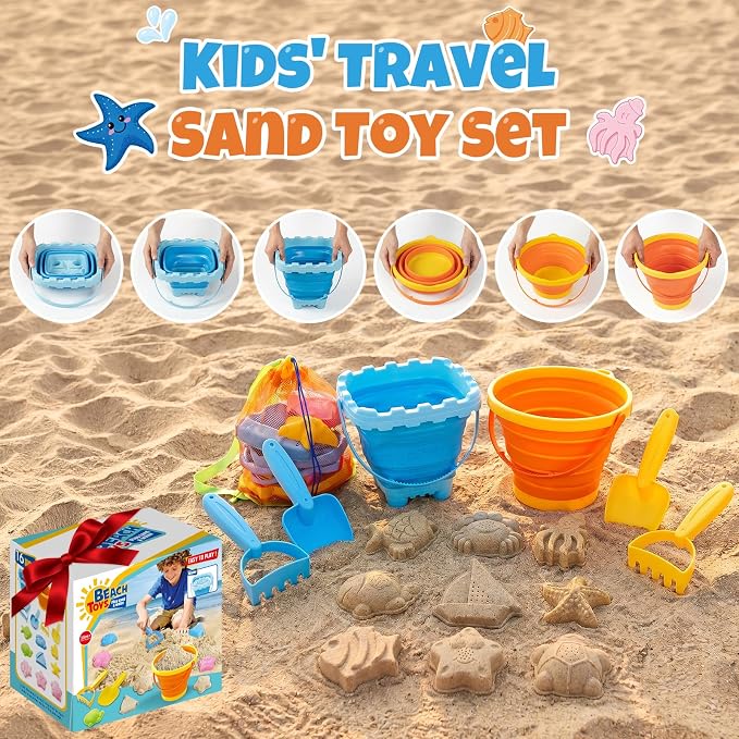 Beach Sand Toys Set for Toddlers, Portable Travel Beach Toys with Collapsible Bucket, Shovel, Rake, Molds & Mesh Storage Bag for Kids, Summer Gift (Tangerine + Ocean Blue)