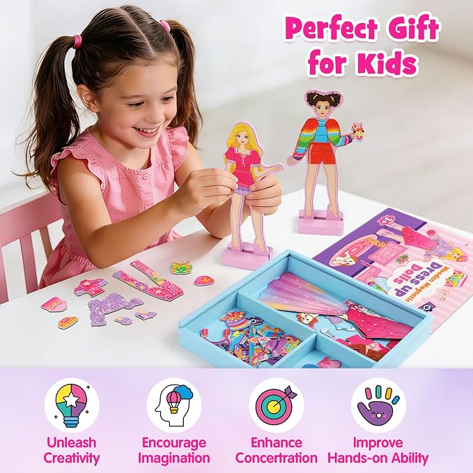 Mocoosy Wooden Magnetic Dress Up Dolls for Kids, Pretend Play Magnet Toys with Storage Case, Travel Game Airplane Car Road Trip Toy On The Go Activity Set Birthday Gift for Girls 3 4 5 6 7 8 Year Old