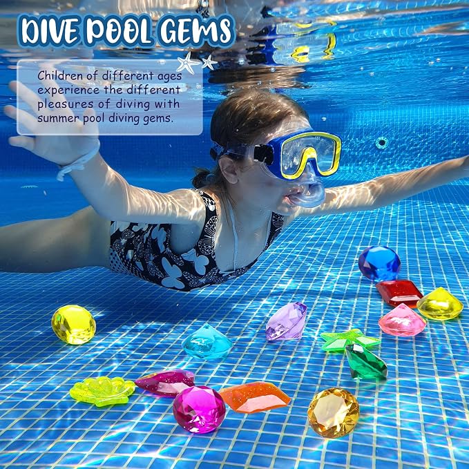 DISHIO Diving Gem Pool Toys 16PCS Large Swimming Pool Toy Set with Pirate Treasure Box Chest for Kids Toddlers Underwater Sinking Dive Gems Colorful Diamond Diving Toys for Swimming Training