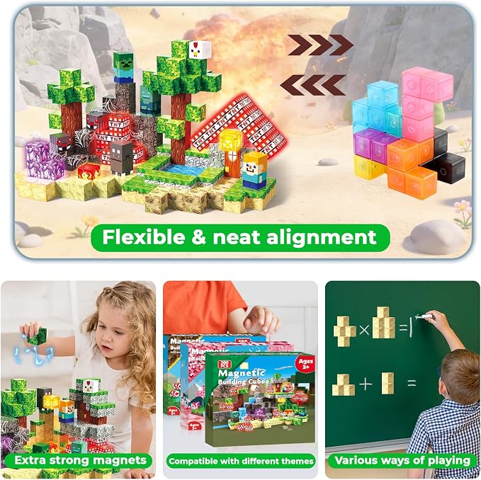 200 PCS Magnetic Blocks with Light Up Blocks - Magnetic Building Blocks, Magnetic Construction Cube Toys, STEM Sensory Learning Toys, Easter Christmas Birthday Gifts for Toddlers Boys and Girls Age 3+