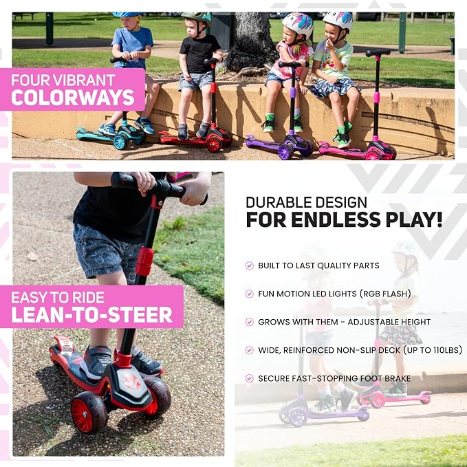 Vital Tyke 3 Wheel Toddler Scooter | LED Wheels, Foldable, Tool-Free Adjustable Handlebar & Removable Seat Scooters for Kids 3-5 and kick Scooters for Kids 5-7 up to 110lbs