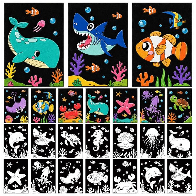 Cinrobiye 48 Pcs Velvet Coloring Posters Summer Fuzzy Posters to Color Bulk Felt Ocean Animal Coloring Page Craft for Adults Teenagers All Ages Classroom Assisted Living Festive Holiday Activity