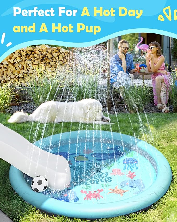 Peteast Anti-Slip Ocean-Themed Splash Pad for Kids and Dogs - 67in 0.58 mm Thicken Sprinkler Dog Pool for Summer Outdoor Water Toys - Fun Backyard Play Mat for Children and Pets