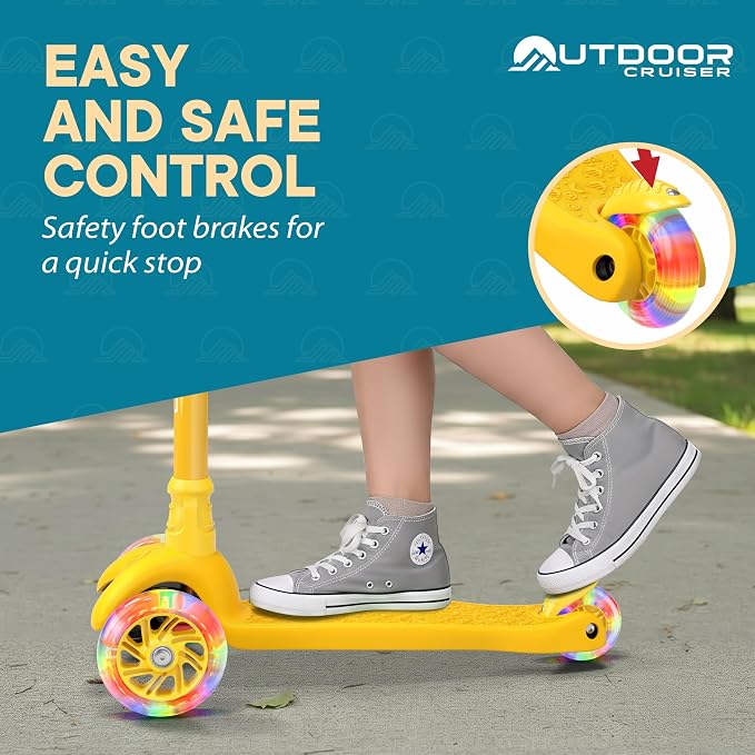 Outdoor Cruiser 3-wheel Kids Scooter – With Lean-to-steer Technology, Wide Deck, Led Lighted Wheel, 4-level Adjustable Height T-bar Handle, Support Kid Up to 150 Lbs, for Boys & Girls Ages 3-8, Yellow
