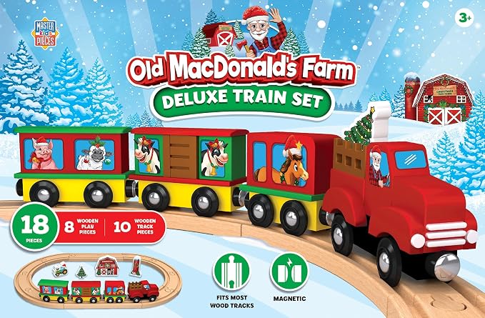 MasterPieces Old MacDonald's Farm Holiday Wood Train Set - 18 Piece Deluxe Edition, Magnetic Engine & Cars, Fits 1" Tracks, Ages 3+