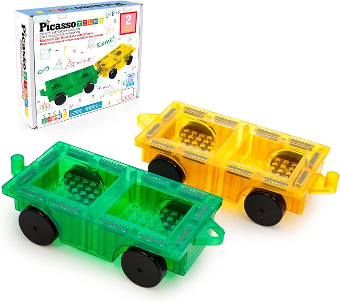 PicassoTiles 2pcs Magnetic Tiles Expansion Car Truck Building Blocks Compatible with regular bricks, Kids Magnet Bricks STEM Learning Toys, Add-ons Toddler Preschool 3 Years and up Boys and Girls PT21