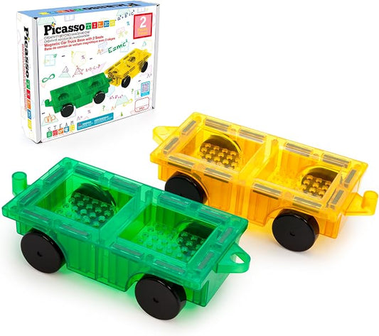 PicassoTiles 2pcs Magnetic Tiles Expansion Car Truck Building Blocks Compatible with regular bricks, Kids Magnet Bricks STEM Learning Toys, Add-ons Toddler Preschool 3 Years and up Boys and Girls PT21