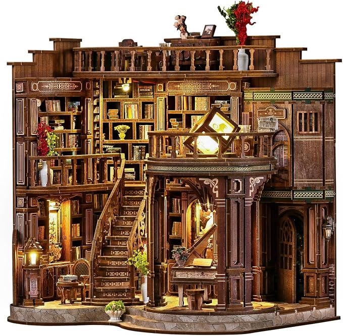 DIY Miniature House Kit for Adults, Tiny Dollhouse Book Nook Kit Bookshelf Crafts Decor, 3D Wooden Puzzle, Gifts for Family Friends Adults Teens, Dream Book Loft