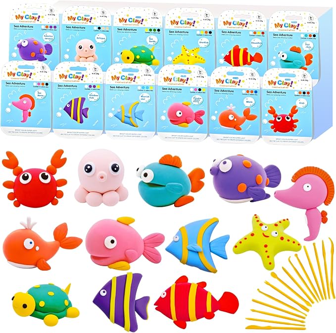 Air Dry Clay for Kids,12 Box Sea Animal Modeling Clay Art Craft Kit,Ultra Soft & Mess-Free, with Sculpting Tools, Tutorials, Ideal Gift for Boys Girls Birthday Christmas Party Favor