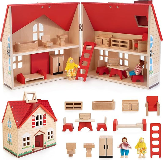 Foldable Wooden Dollhouse with 13PCS Furniture, 4 Rooms and 2 Flexible Dolls, Pretend Play Doll House Set with Portable Handle, Christmas Birthday Gift for Boys Girls Age 3+, Cottages