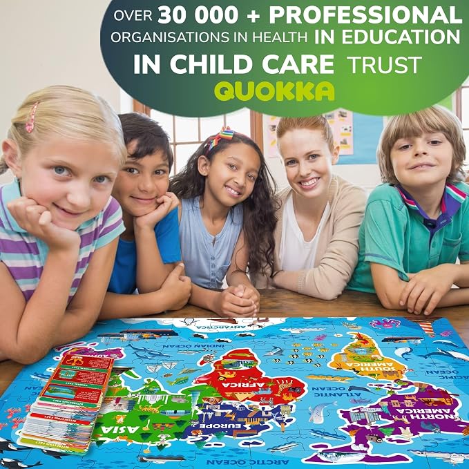 QUOKKA World Map Puzzles for Kids Ages 8-10 - 70 Pcs Jigsaw Floor Puzzles for Kids Ages 6-8 Year Old - Includes 50 Cards with 400+ Fun Facts - Continent Shaped Educational Gift for Girl and Boy 4-8