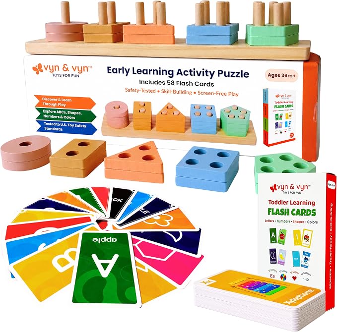 VYN & VYN Montessori Toys for 3+ Year Old Boys Girls, 2-in-1 Wooden Shape Sorter & 58 Flash Cards, Stacking and Sorting Toy, Color & Shape Matching Learning Puzzle, Educational Toy for Toddlers