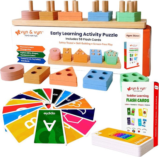 VYN & VYN Montessori Toys for 3+ Year Old Boys Girls, 2-in-1 Wooden Shape Sorter & 58 Flash Cards, Stacking and Sorting Toy, Color & Shape Matching Learning Puzzle, Educational Toy for Toddlers