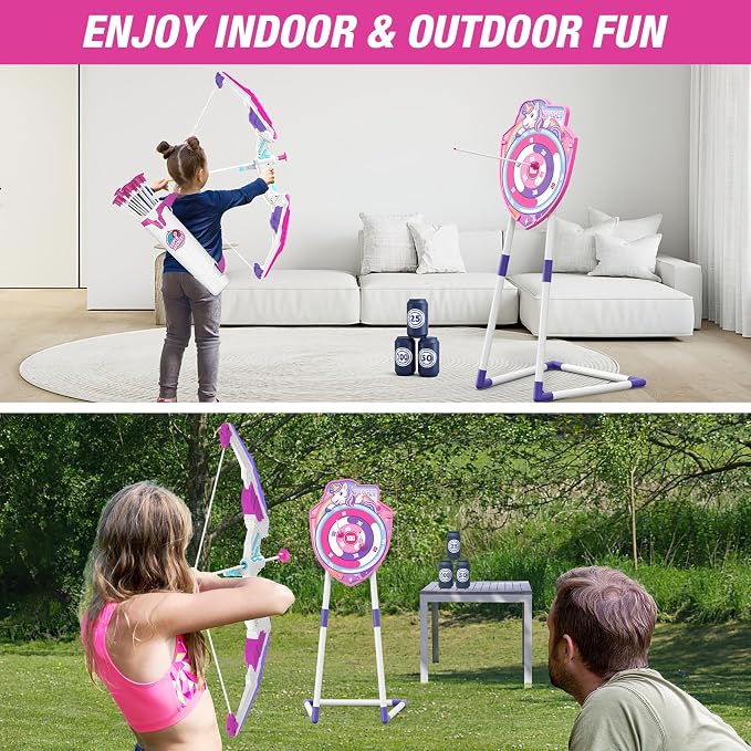 HYES 2 Pack Bow and Arrow for Kids 4-6, LED Light Up Archery Set with 24 Suction Cup Arrows, 1 Unicorn Standing Target, 6 Score Targets & 2 Quiver, Indoor Outdoor Sport for Girls Ages 8-12