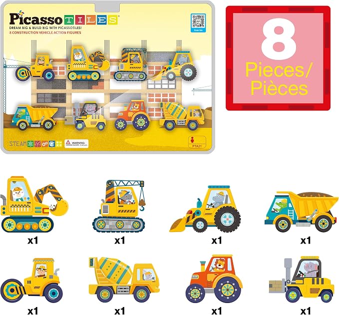 PicassoTiles Magnetic Tile Building Blocks Add On 8 Magnetized Action Figures Construction Vehicles & Zoo Animal Theme Compatible with Magnet Tiles Sets STEM Learning Toy for Boys & Girls Age 3+ PTA21