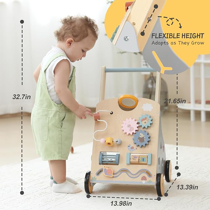 Wooden Baby Walker and Push Toy - Adjustable Height, Montessori Learning Activity Center for Boys and Girls, Toddler Push Walker and Development Toy for Kids 1-3 Years