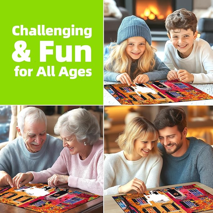 Colorful Autumn Street Scene 1000 Piece Puzzles for Adults Clearance, Funny Fall Harvest Theme Puzzles for Adults,27.5 * 19.7 in Dust Free, Stress Relief Ideal Gift for Family Games