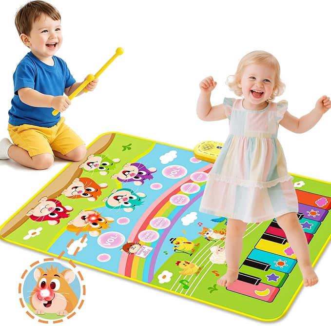 MOMUSE 3-in-1 Piano Music Mat for Kids, Whack-a-Mole Game Floor Play Mat with 30 Sound & Function Keys, Sensory Musical Toys for Girls Boys 3 4 5 6 7 8 9 Years Old