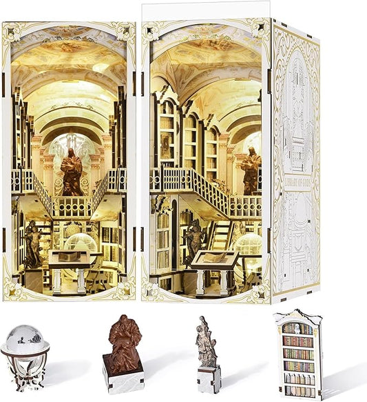 CCCDF Book Nook Kit, DIY Miniature Dollhouse Booknook Kit, 3D Wooden Puzzle Bookend Bookshelf Insert Decor with LED Light for Teens and Adults (Library of Gods)