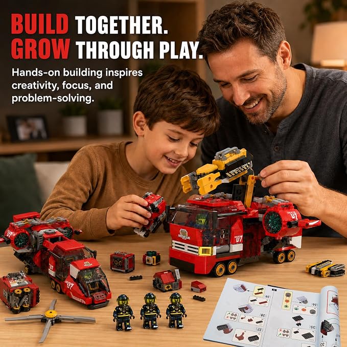 3 in 1 City Fire Rescue Building Sets, Compatible with Lego City, Fire Truck, Helicopter & Rescue Plane, 9 Rebuildable Modules, 3 Firefighter Figures, STEM Toys Gift for Kids Boys Age 8-12 + (879 PCS)