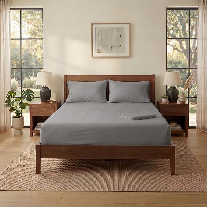 Twin XL Size Sheets Set, 4-Piece Premium Egyptian Long-Staple 100% Cotton Bedding Set, Single-Ply Luxury Sateen Weave Hotel Quality Sheets, Soft & Breathable, 15” Deep Pockets, Light Grey