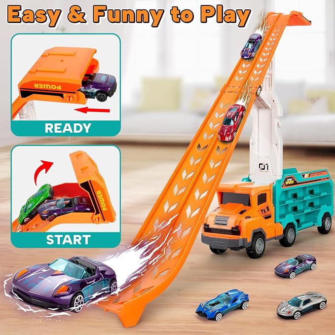 Kids Toys for 3 4 5 6 7 8 Years Old Boys, Carrier Truck Transport Car Toys, Foldable 2 Layer Car Race Track Playset with 25-in Race Track, 6 Metal Toy Cars, Birthday Toy Gift for Toddler-Orange