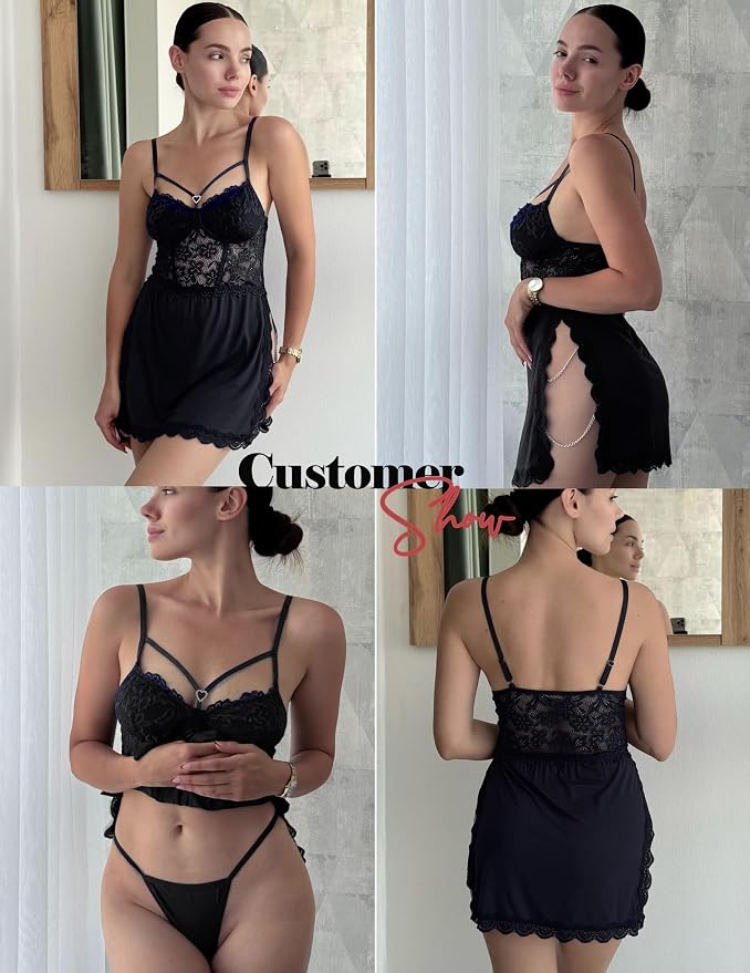 Avidlove Lingerie for Women Sexy Babydoll Lingerie Dress Chain Side Slit Chemise Nightgowns with G-String