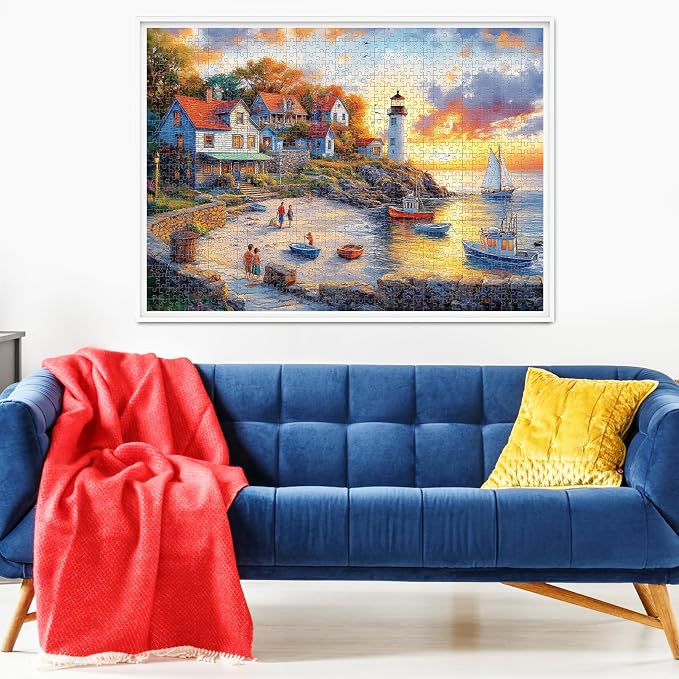1000 Pieces Puzzles for Adults, Fall Seaside Puzzle, Fishing Village Jigsaw Puzzles 1000 Pieces, Creative Play Holiday Party Gifts Artwork Wall Home Decor, Funny Puzzle for Adults, 28×20 in