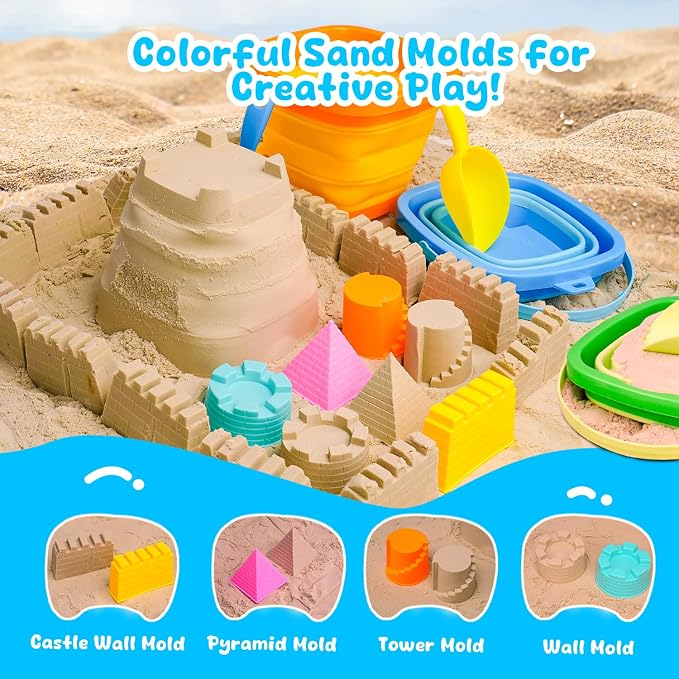 AuntyFey Collapsible Beach Toys Sand Toys for Toddlers 1-3, Beach Toy Sand Toy for Kids Ages 4-8, Collapsible Beach Sand Buckets Toys for Kids, Sandbox Toys for Toddler with Castle Sand Mold Shovel