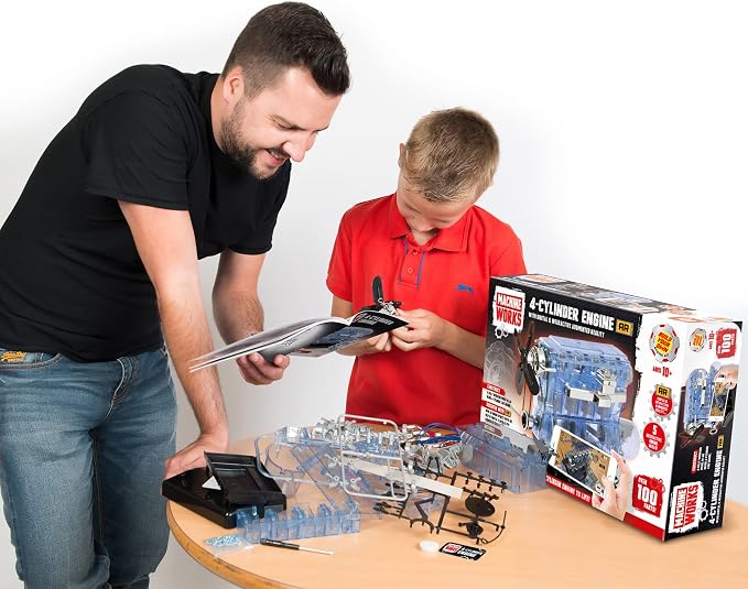 Machine Works Build Your Own Visible Model Engine Toys - Replica Model Building Kit 100+ Pieces- Features Working Sounds and Illuminiation, Internal Combustion Mechanics, Physics, STEM (4-Cylinder)