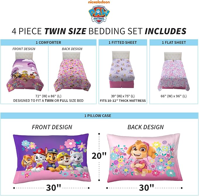Paw Patrol Girl Skye Kids Bedding Super Soft Reversible Microfiber Comforter and Sheet Set, 4 Piece Twin Size, (Officially Licensed Product) Product By Franco
